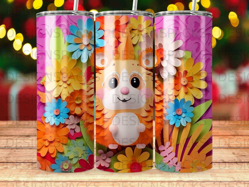 Three tumblers with a colorful floral design and a cute cartoon bear.