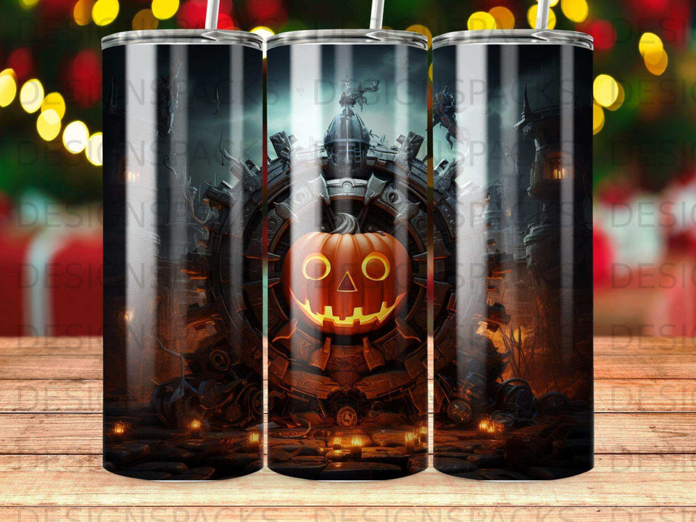 Halloween tumbler with a carved pumpkin and gears.