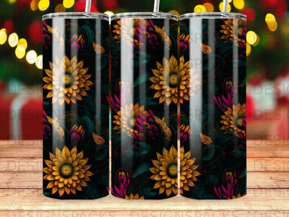 Sunflower pattern on a tall, cylindrical tumbler with a black background.
