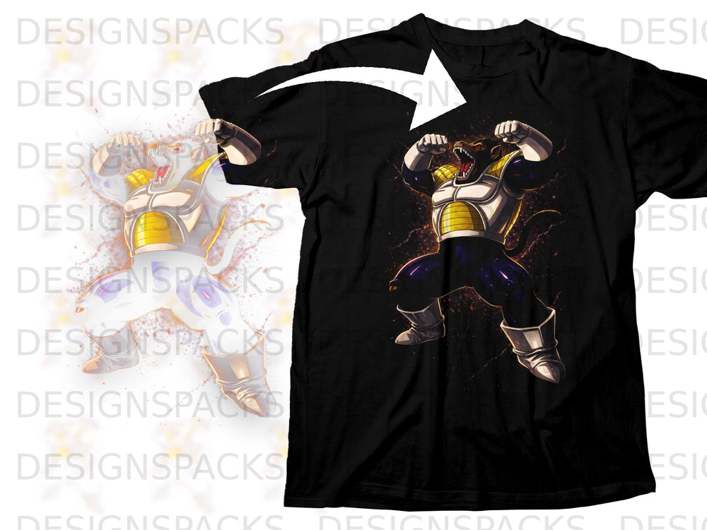 Black t-shirt featuring a cartoon ape-like character in armor with arms raised.