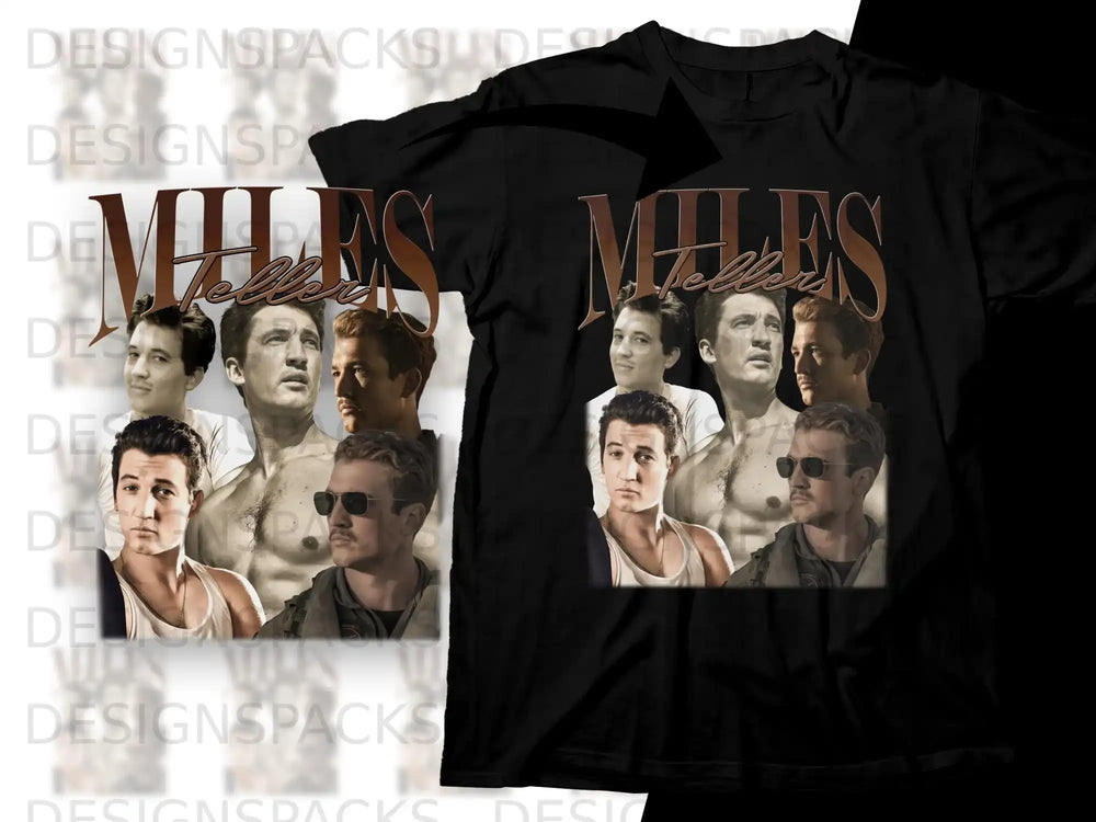 Collage of Miles Teller in various movie scenes on black t-shirt.