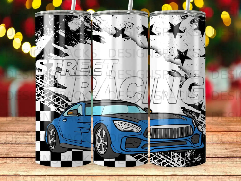 Blue sports car with "Street Racing" text and distressed flag graphics.