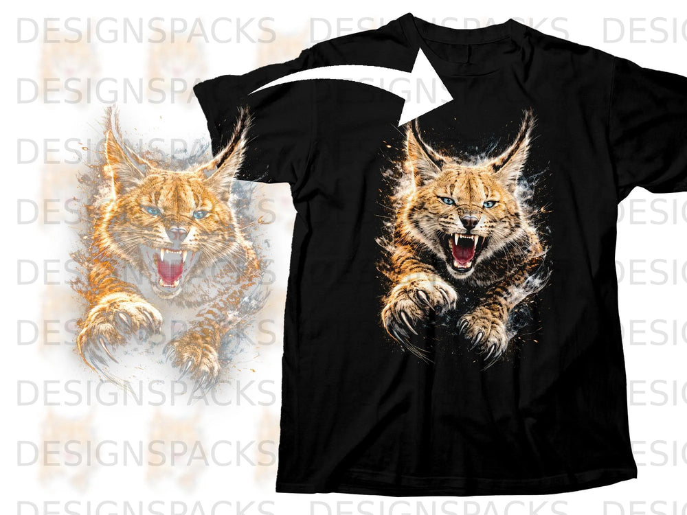 Black t-shirt with a roaring bobcat graphic with an abstract splash effect.