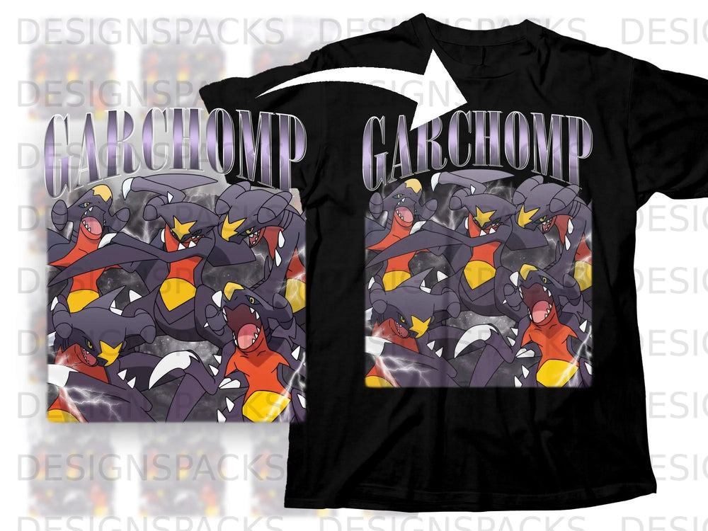 Black t-shirt with "Garchomp" text and multiple Garchomp Pokémon graphics.