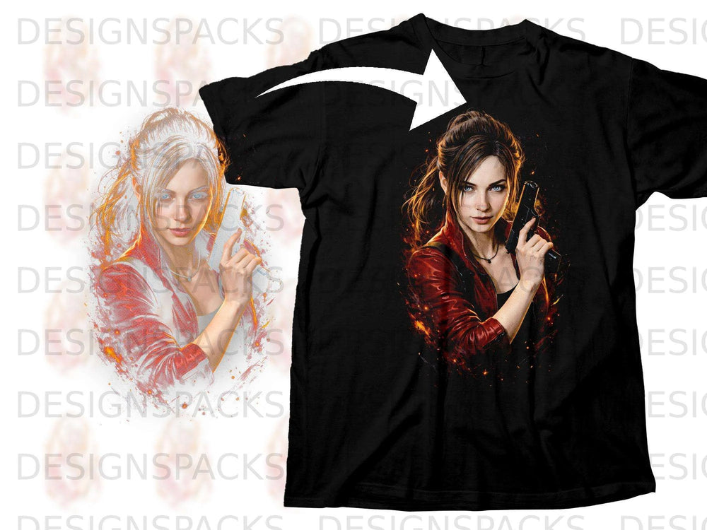 Black t-shirt with a woman holding a handgun, digitally illustrated.