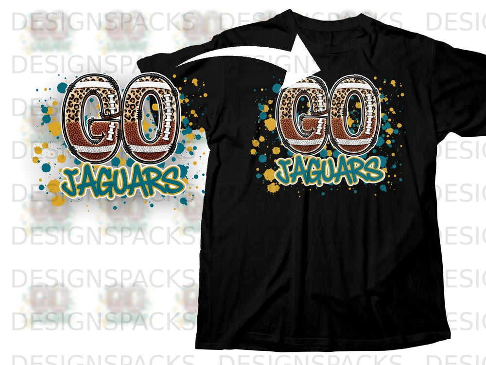 Black t-shirt with "GO JAGUARS" graphic featuring footballs.
