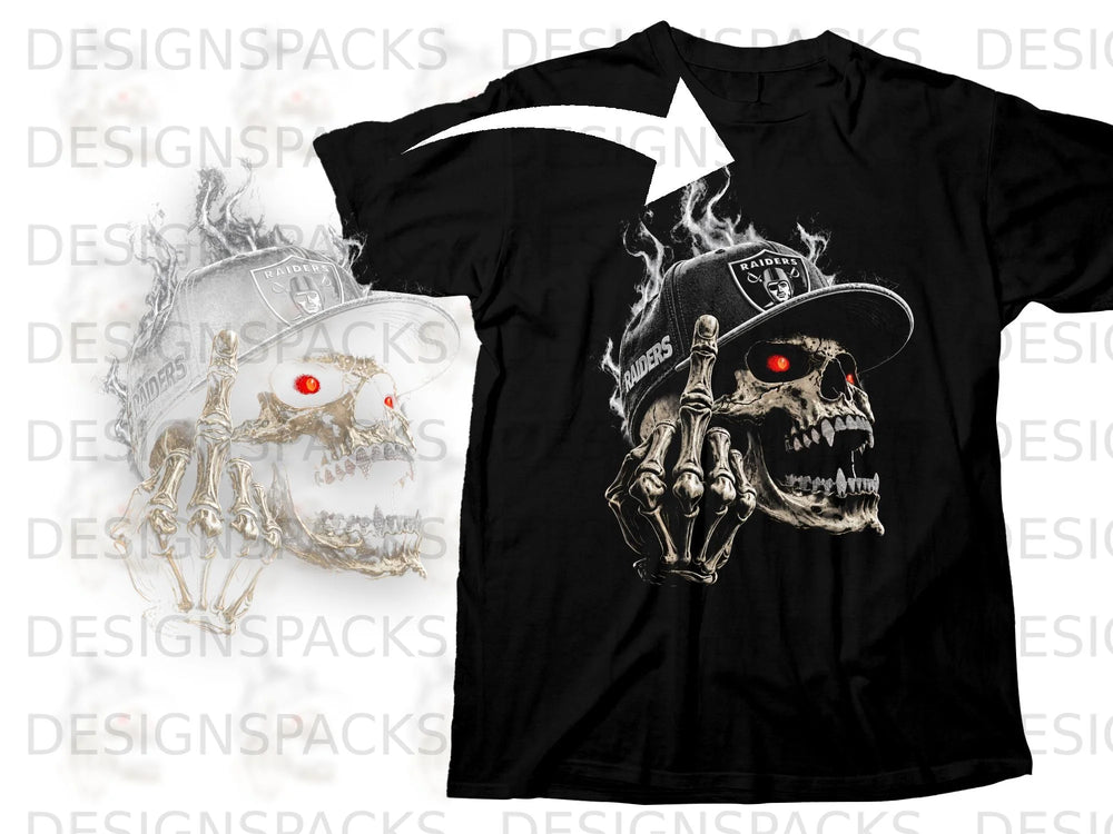 Black t-shirt with a skeletal skull wearing a Raiders hat and giving the middle finger.