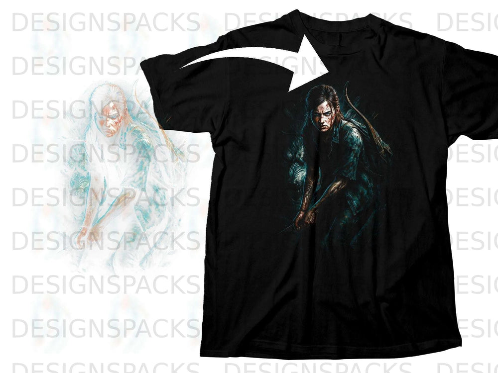 Black t-shirt featuring Ellie from The Last of Us with a bow and arrow.