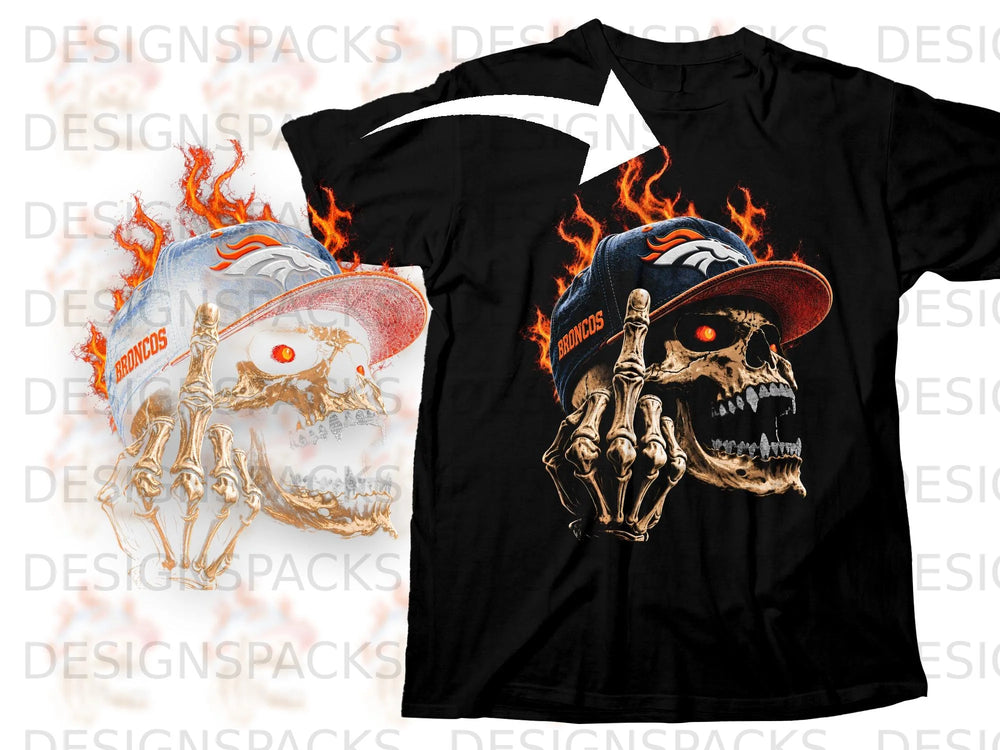 Black t-shirt with fiery Denver Broncos skull graphic and skeleton hand.