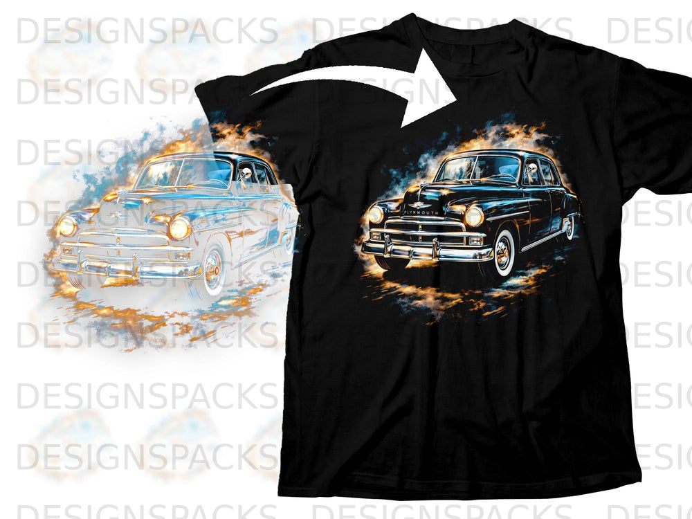 A black t-shirt printed with a vintage Plymouth car graphic in a smoky, fiery artistic style.