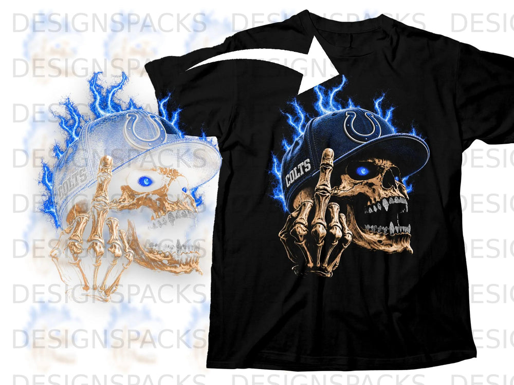 Skull wearing a Colts baseball cap with blue lightning and a skeleton hand giving middle finger.