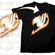 Black t-shirt featuring a fiery wing symbol design on the chest.