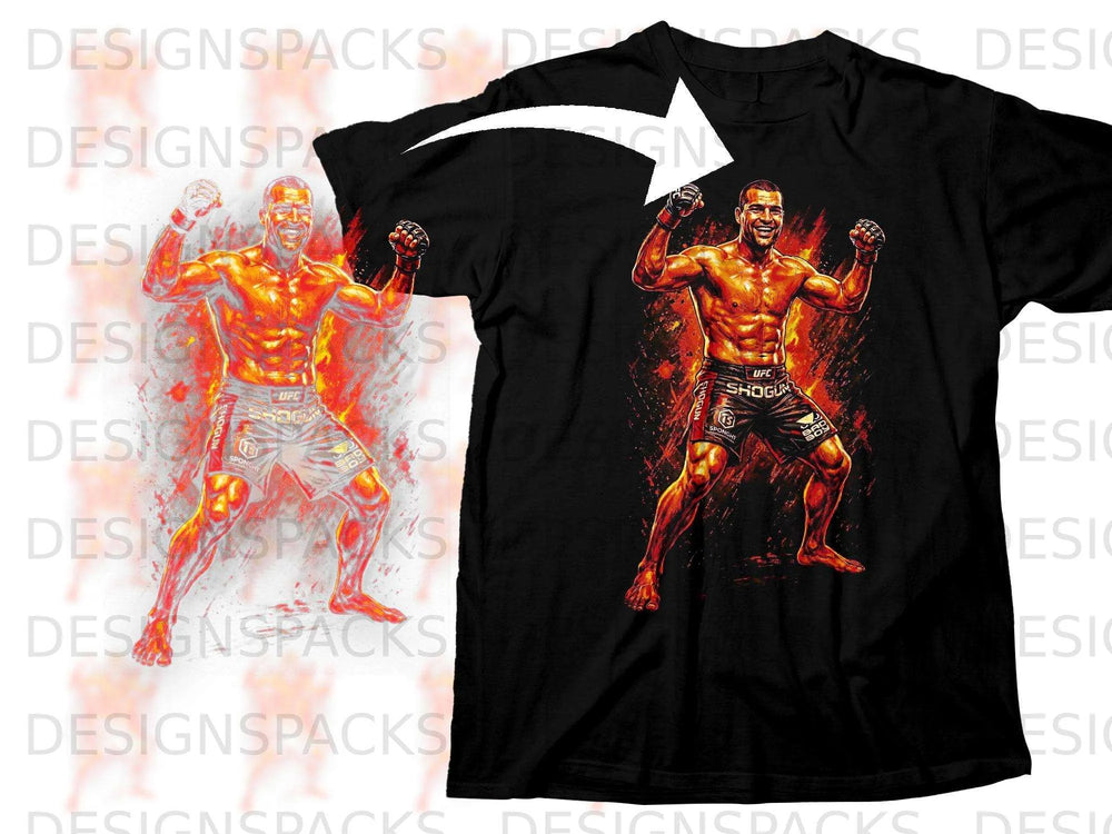 Black t-shirt with a graphic of a muscular fighter with arms raised.