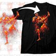 Black t-shirt with graphic of fighter performing a high kick with fiery background.