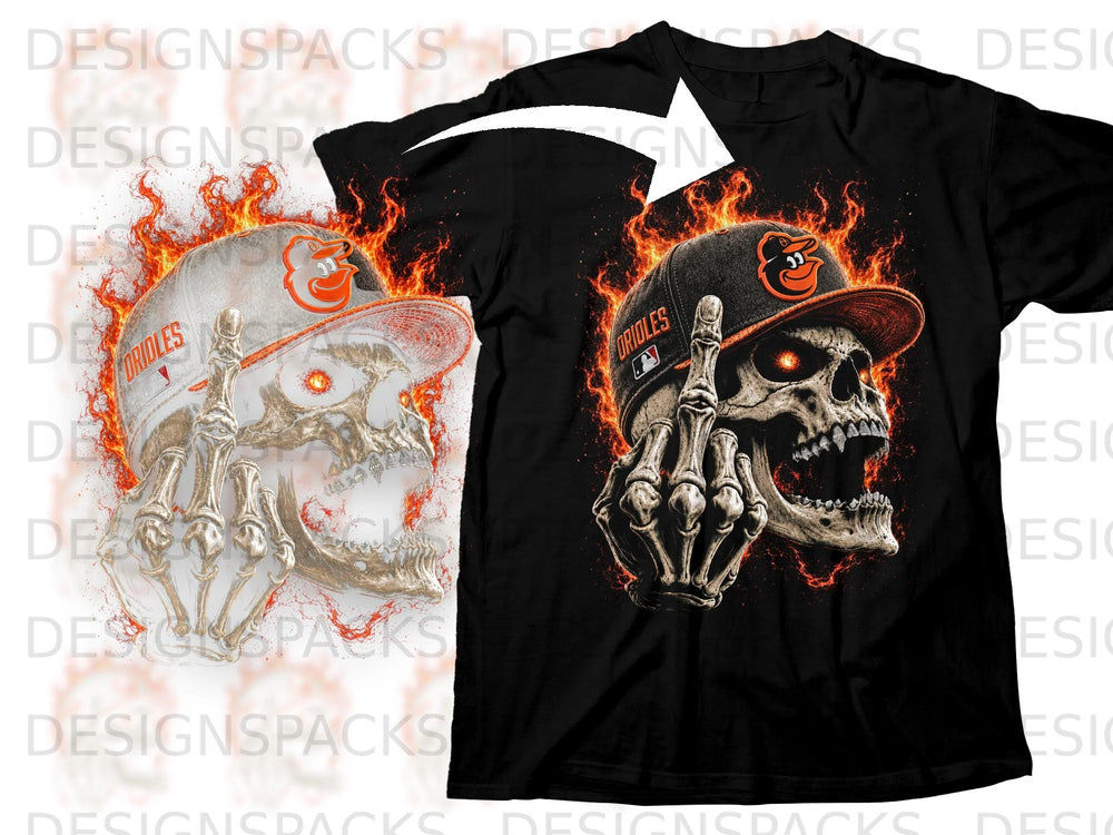 Black t-shirt featuring a fiery skull wearing an Orioles cap, giving a middle finger.