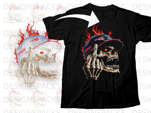 Black t-shirt featuring a flaming skull wearing a Patriots cap giving the middle finger.