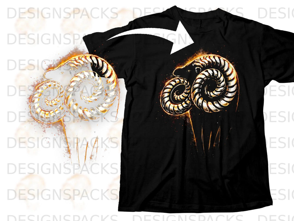 Black t-shirt with a flaming ram skull graphic on the front.