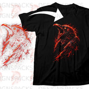 Black t-shirt with a fiery red raven graphic and a white arrow graphic.