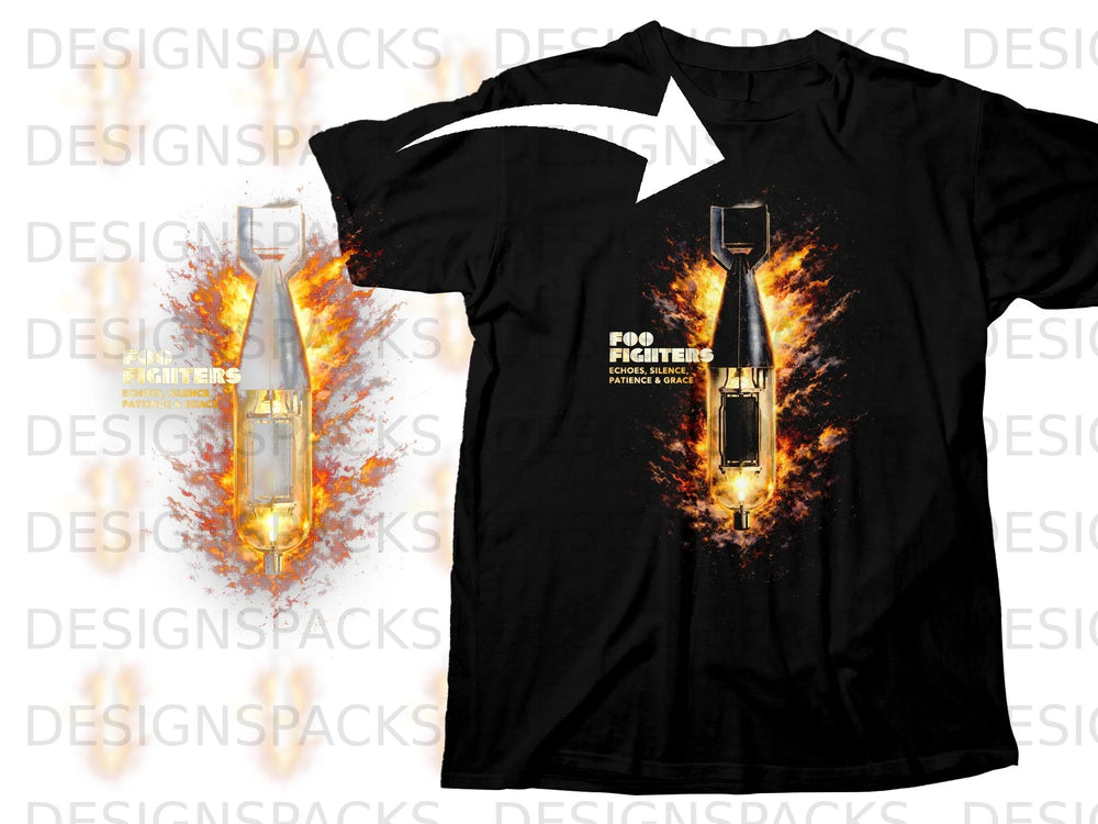 Black t-shirt with Foo Fighters album art featuring a bomb in flames.