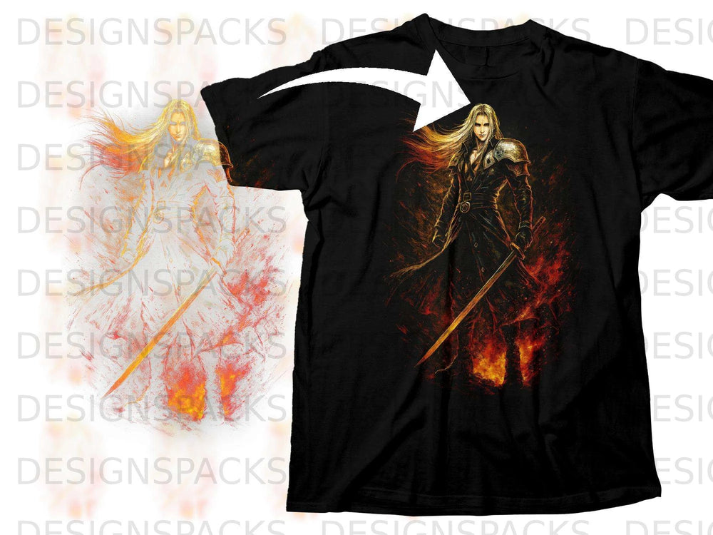 Black t-shirt with artwork of a blonde warrior holding a sword amidst flames.