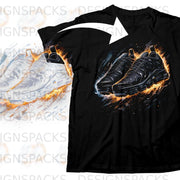 Black t-shirt with graphic of black athletic shoes on fire.