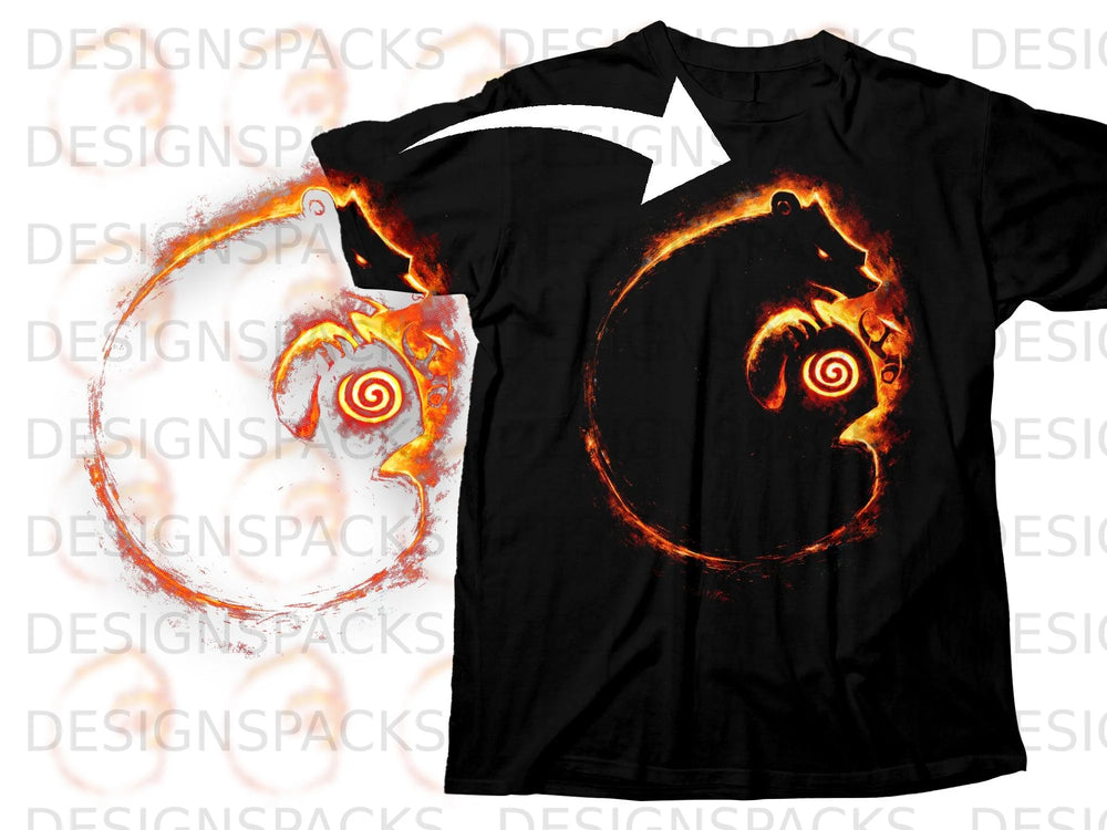 Black t-shirt with a fiery bear design encircling a spiral symbol.
