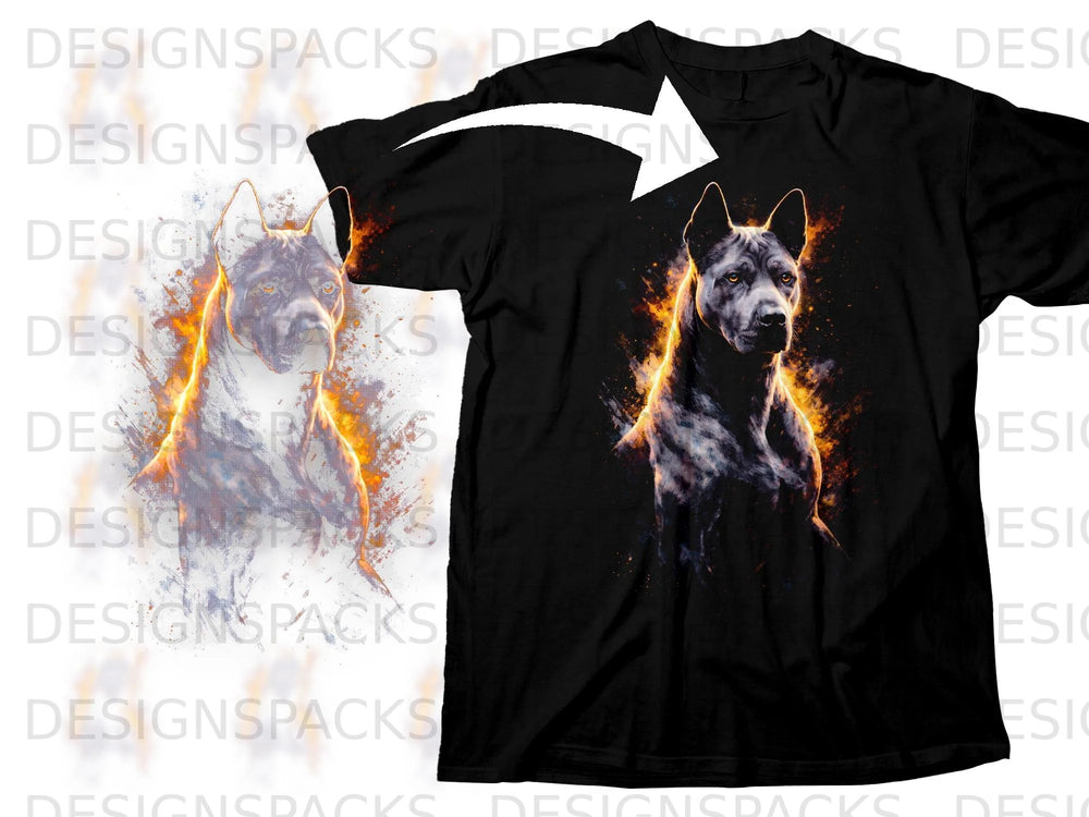 Black t-shirt with a graphic of a dog surrounded by fiery, abstract art.