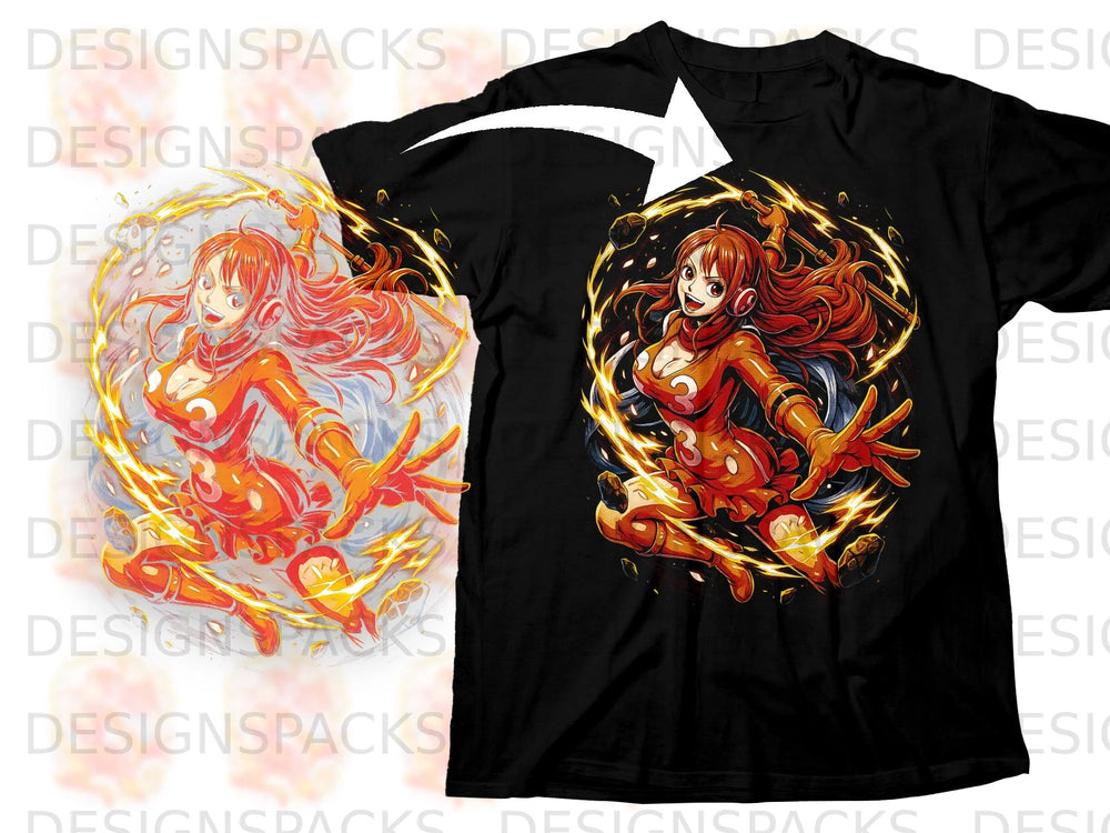 Black t-shirt with an anime character in orange, surrounded by lightning and energy.