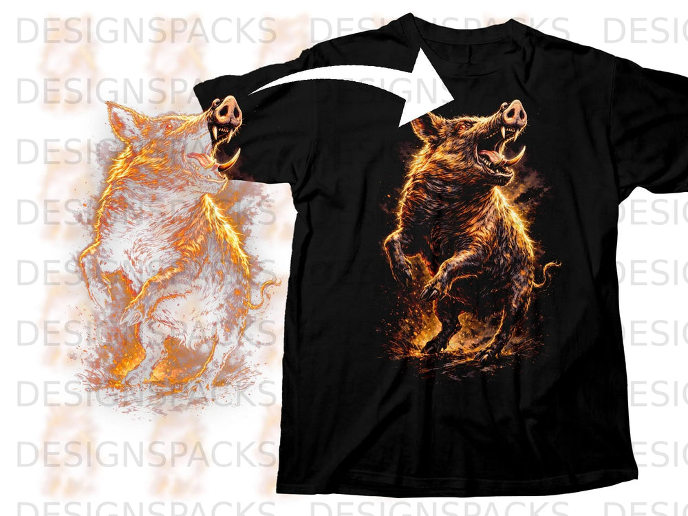 Black t-shirt with a fiery boar graphic and a white arrow indicating placement.