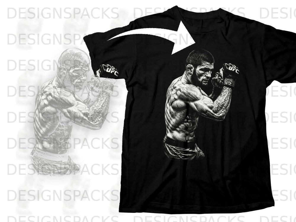 Black t-shirt featuring a graphic of a muscular fighter with UFC gloves.