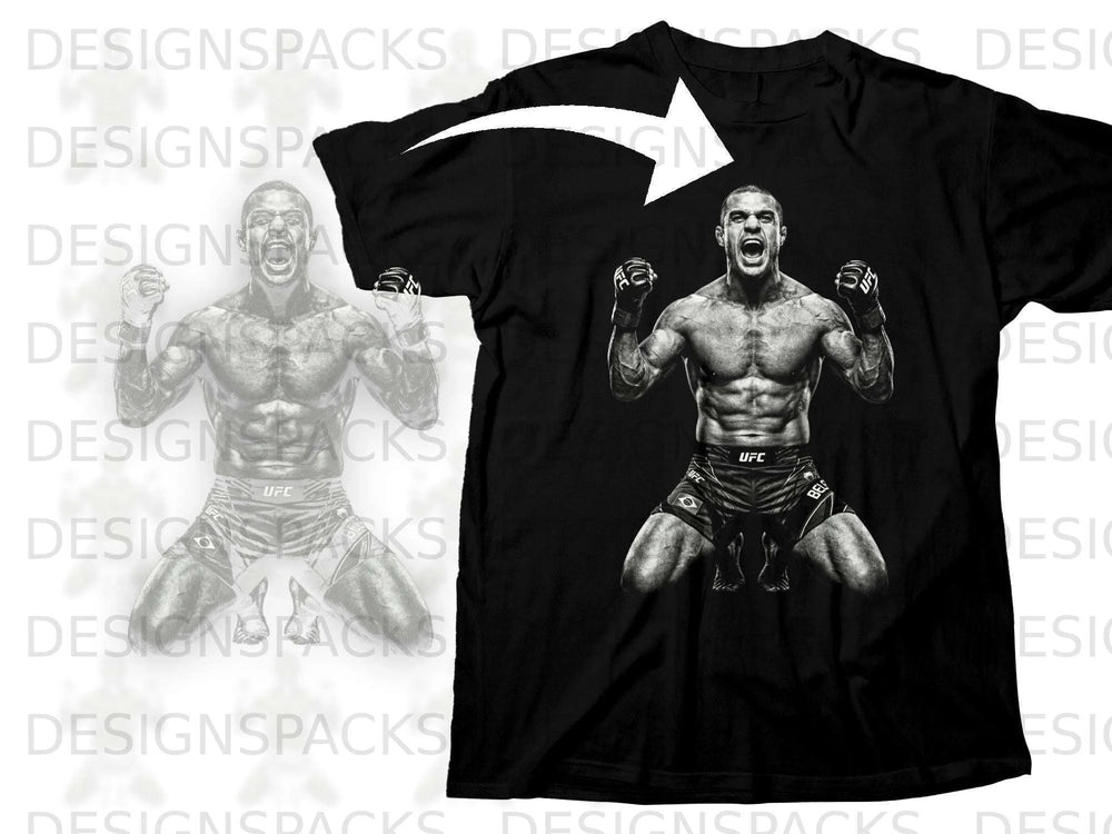 Black t-shirt featuring a graphic of a muscular fighter in UFC shorts and gloves.