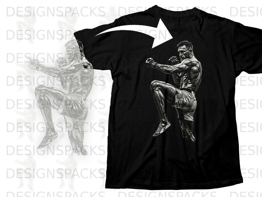 Black t-shirt with a graphic of a fighter in a defensive stance.