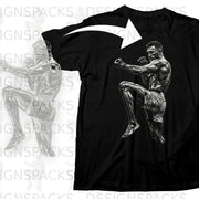 Black t-shirt with a graphic of a fighter in a defensive stance.