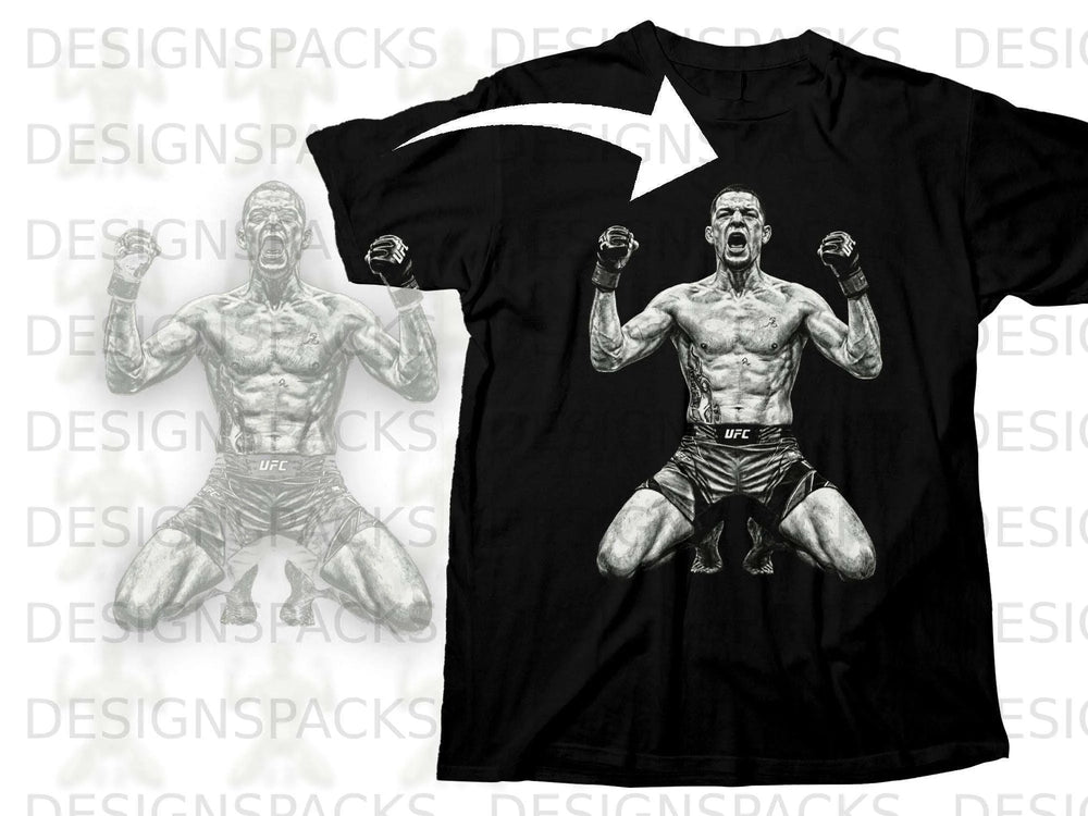 Black t-shirt with UFC fighter graphic, fists raised in victory.