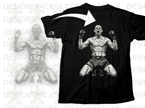 Black t-shirt with UFC fighter graphic, fists raised in victory.