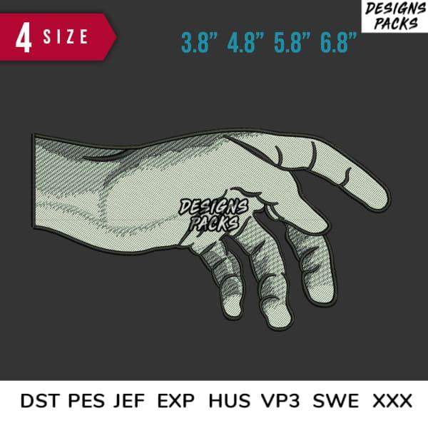 Embroidery design of hand with 'Designs Packs' text, available in 4 sizes and multiple formats like DST, PES, JEF