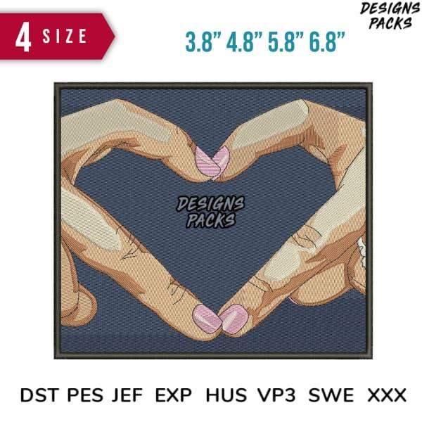 Heart-shaped hand gesture embroidery design in multiple sizes for DTF/DTG and tumbler wraps