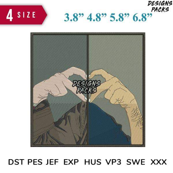 Embroidery design of hands forming heart shape, available in 4 sizes & formats like PES, DST for instant download