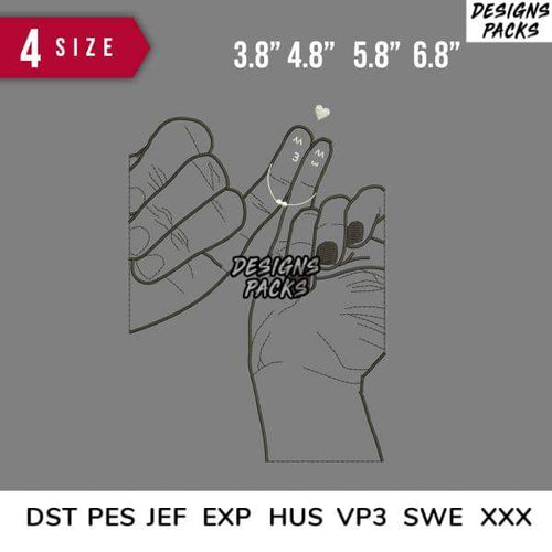 Embroidery design sizes for hands with 3.8 to 6.8 inch measurements, compatible with DST, PES, JEF formats.