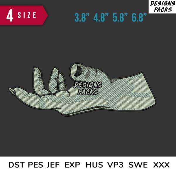 Embroidery design of a hand with 'Designs Packs' text, available in multiple sizes and formats