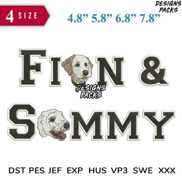 Finn & Sammy dog embroidery design in 4 sizes, compatible with DST PES JEF formats for instant download.