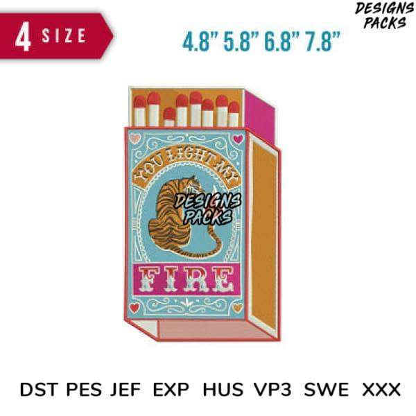Tiger matchbox design with 'You Light My Fire' text, available in 4 sizes for embroidery & DTF/DTG