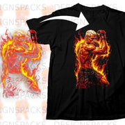 Black t-shirt with a fiery boxer graphic and a white arrow overlay.
