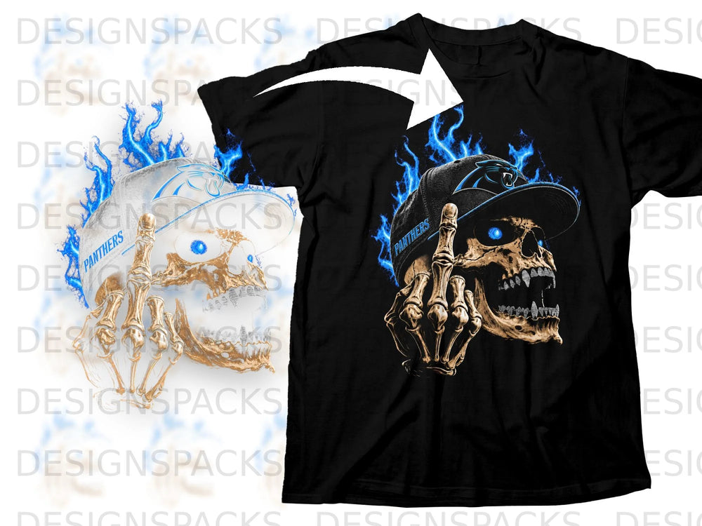 Black t-shirt with a skull wearing a Panthers hat and surrounded by blue flames.