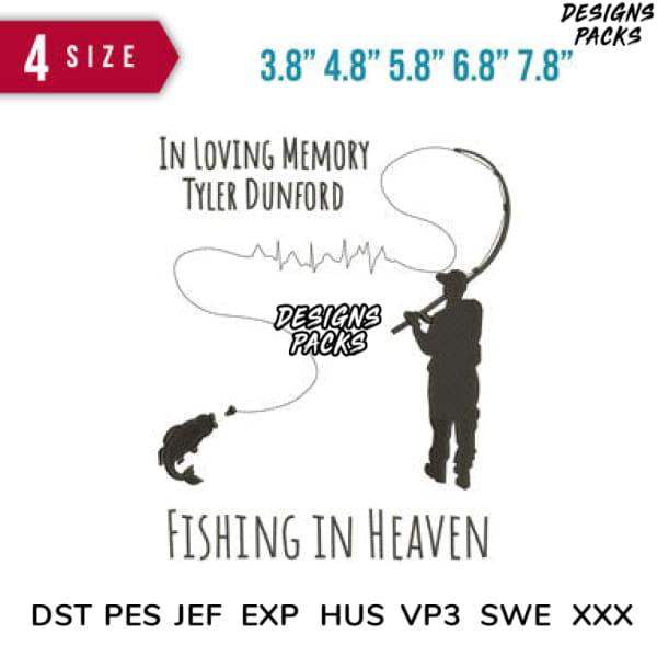 Fishing in Heaven memorial design with angler silhouette, heartline, and fish. Available in PES, DST, SVG for embroidery.