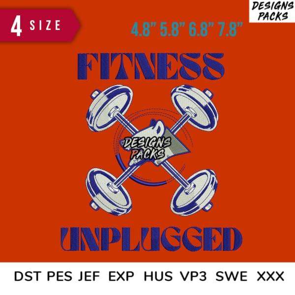 Fitness Unplugged embroidery design with dumbbells, 4 sizes, DST PES JEF formats for instant download