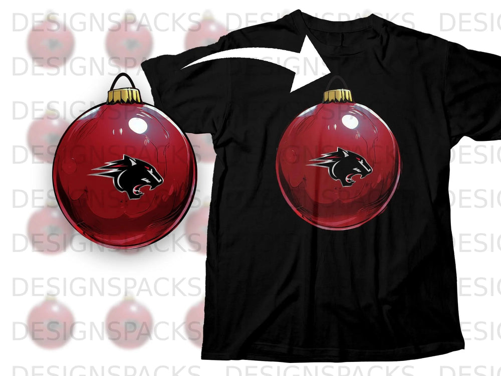 Black t-shirt displaying a red Christmas ornament with a black panther logo.