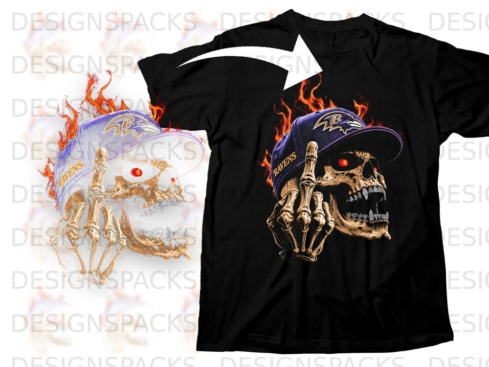 Black t-shirt with a flaming skull wearing a Ravens hat and giving the middle finger.