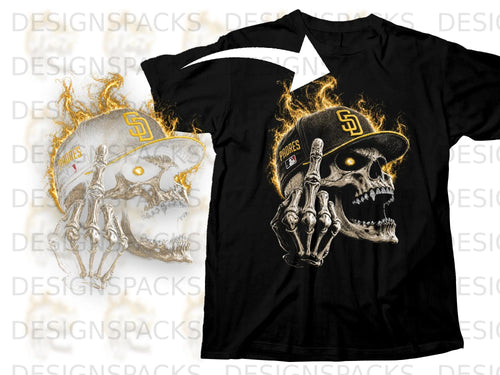 Black t-shirt with a flaming skull graphic and the word 