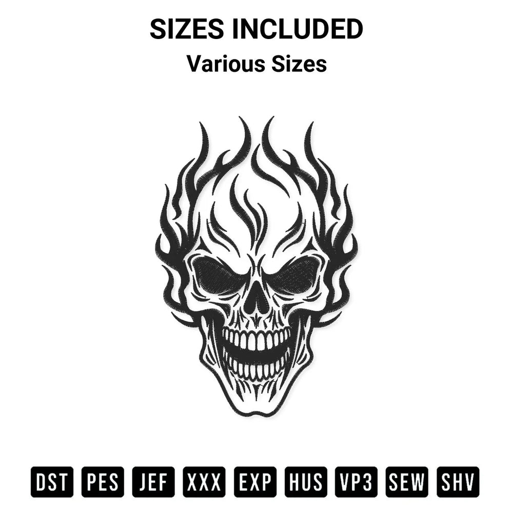 Flaming Skeleton Skull Embroidery Design